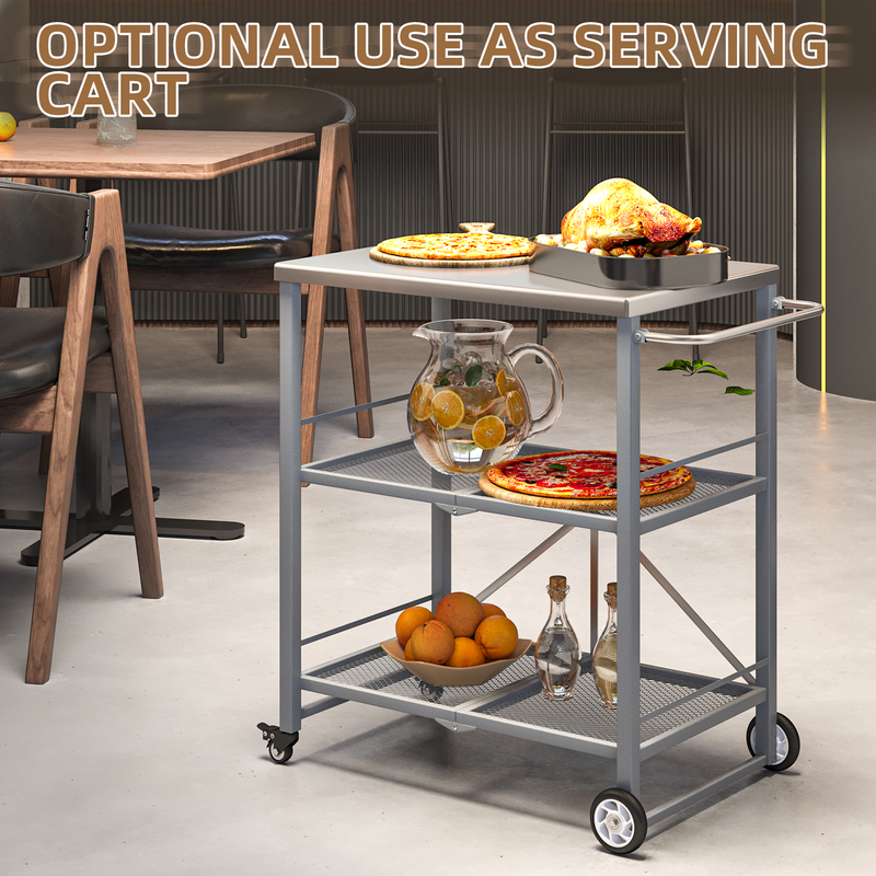 YODOLLA Foldable Outdoor Grill Cart 3 Tiers Stainless Steel Rolling Cart with Wheels Metal Utility Storage Trolley,Silver