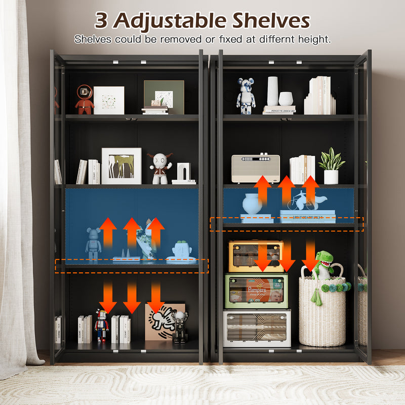 YODOLLA Display Cabinet with Acrylic Glass Doors Storage Cabinets with Adjustable Shelves Pantry Storage Cabinet Metal Curio Cabinet for Living Room Office and Kitchen, Black
