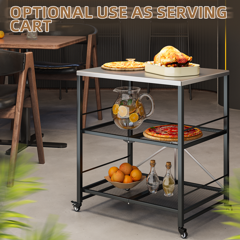 AECOJOY Foldable Outdoor Grill Cart Rolling Dining Table with Three-Shelf,Garden Patio BBQ Kitchen Food Prep Cart,Grey