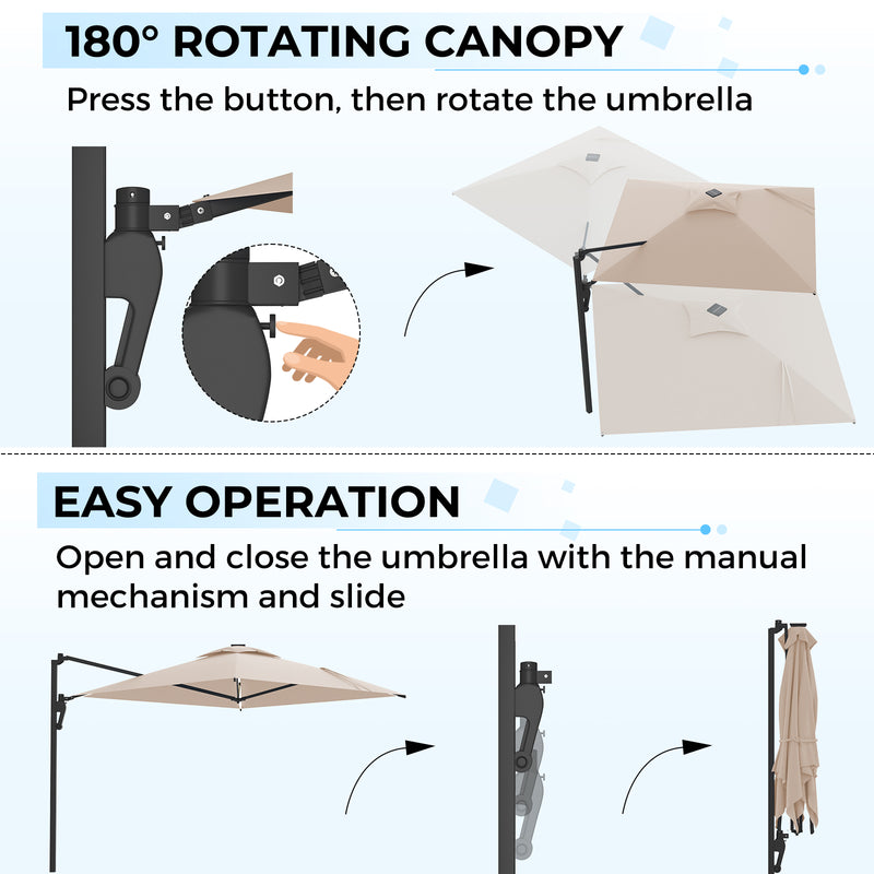 AECOJOY 10 ft Wall Mounted Patio Umbrella Outdoor Rectangle Umbrella with 180° Rotation for Outside in Beige