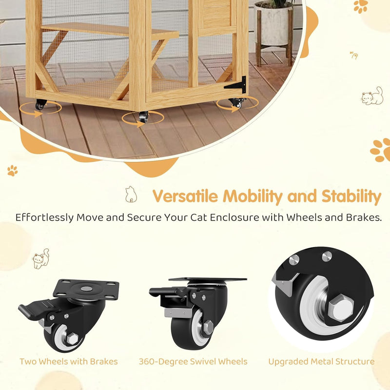 YODOLLA Catio Enclosure for Cats,Wooden Outdoor Cat House with Hammock in Natural Color