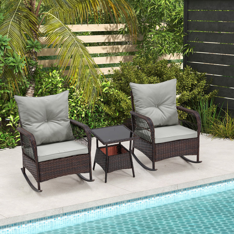 3-Piece Rattan Rocking Bistro Set with Glass Coffee Table for Porch & Garden