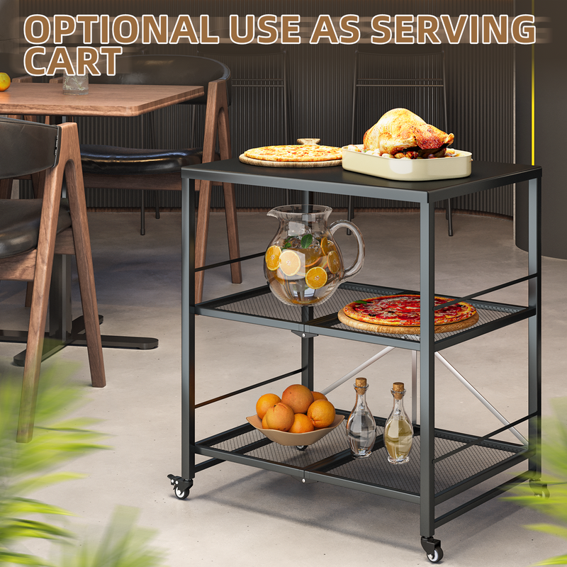 AECOJOY Foldable Outdoor Grill Cart Rolling Dining Table with Three-Shelf,Garden Patio BBQ Kitchen Food Prep Cart,Black