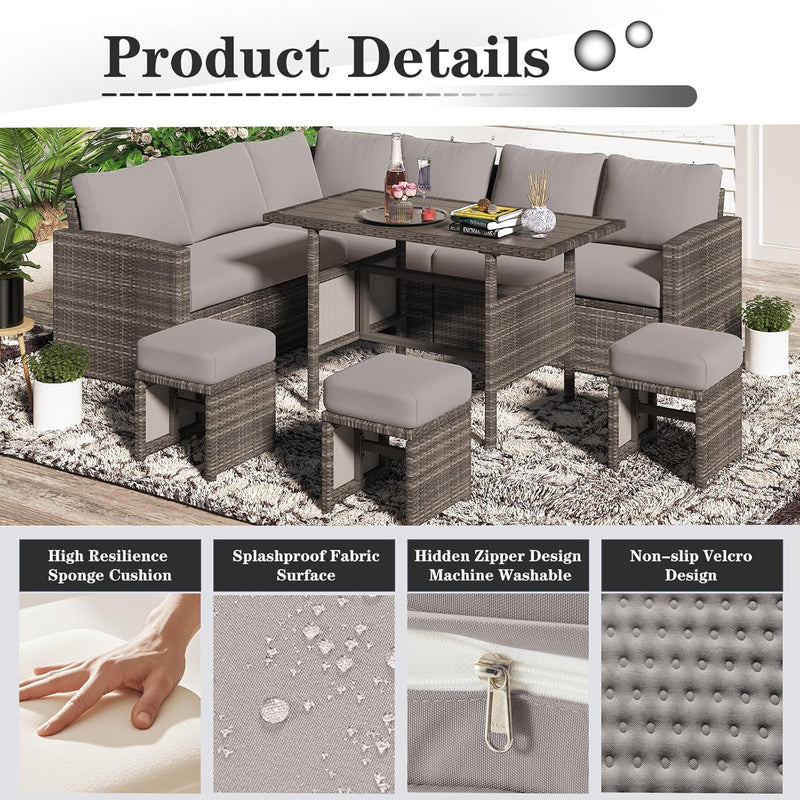 YODOLLA Outdoor Cushions, 4 inch Patio Cushions for Outdoor Furniture, Replacement Cushions Fits 7-Seats Sectional Rattan Conversation Set, Splashproof, Memory Foam Cushions and Covers (Grey)