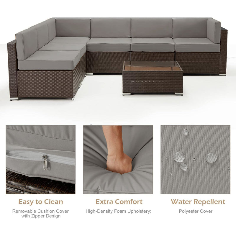 YODOLLA 7-Piece Patio Furniture Set, Brown Rattan Wicker Sectional Sofa Couch Outdoor Conversation Set with Table In Gray
