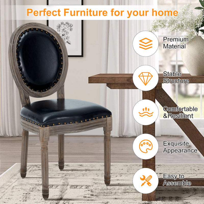 AVAWING French Country Leather Dining Chairs Set of 4, Farmhouse Dining Room Chairs Vintage Chair with Round Back, Solid Wood Legs Kitchen Chair for Dining Room/Living Room/Kitchen/Restaurant, Black