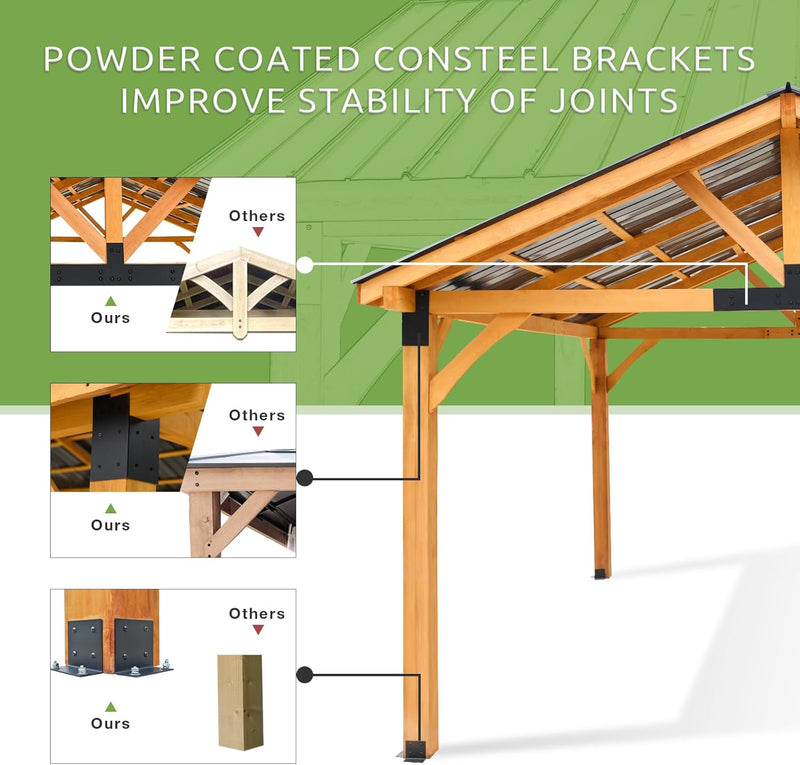 YODOLLA 14.5x12ft Outdoor Wooden Gazebo,Grill Pergola Gazebo Clearance Hard-Top Gazebo for Patios, Garden,Brown