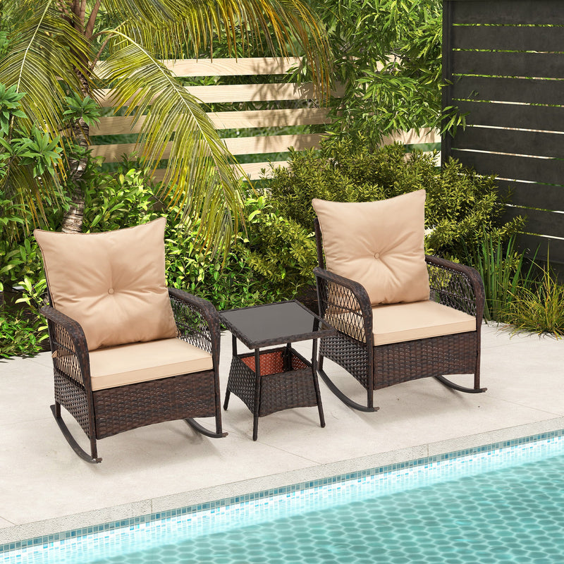 3 pcs Rocking Bistro Set, Outdoor PE Rattan Rocking Chairs with Tempered Glass Coffee Table