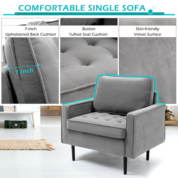AVAWING Modern Velvet Single Sofa Chair Set of 2 with Cushions Accent Armchair with Metal Legs Comfy Tufted Upholstered Armchair for Living Room, Bedroom, Office, Reading Room, Grey