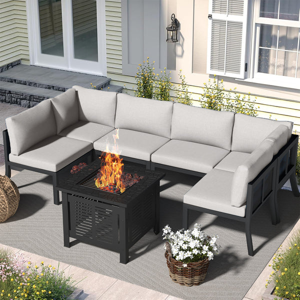 YODOLLA 7 Pieces Metal Outdoor Conversation Sets with Cushions and 30" Fire Pit Table, Gray