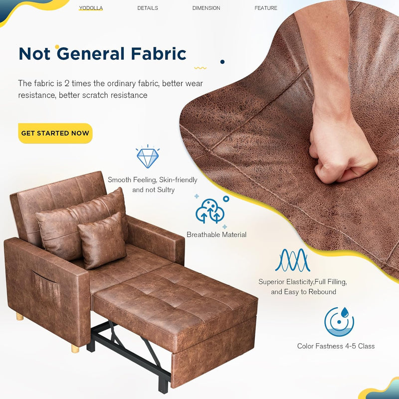 AECOJOY 3-in-1 Convertible Chair Bed Sleeper & Futon Sofa Bed Chair with Adjustable Backrest and 2 Pillows-Saddle Brown