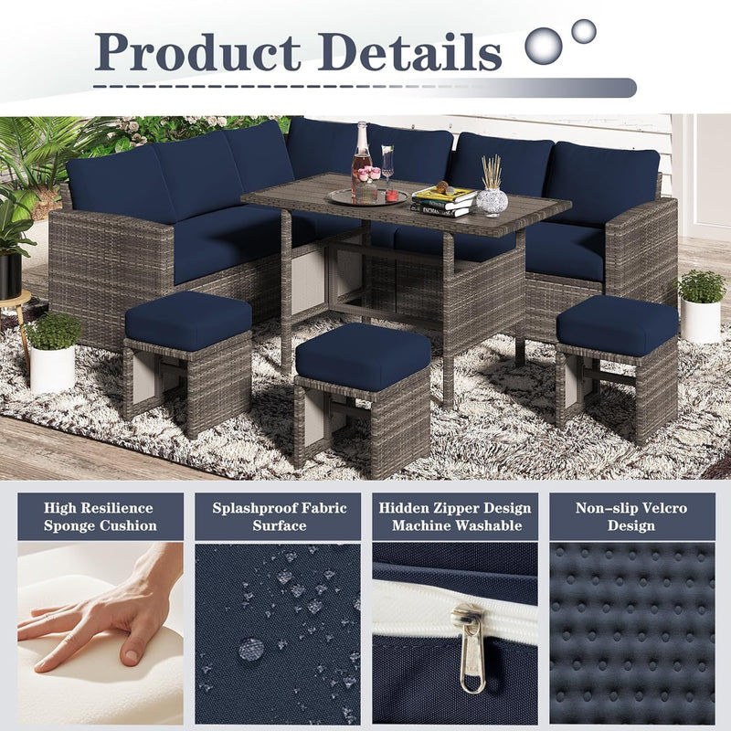 YODOLLA Outdoor Cushions, 4 inch Patio Cushions for Outdoor Furniture, Replacement Cushions Fits 7-Seats Sectional Rattan Conversation Set, Splashproof, Memory Foam Cushions and Covers (Navy)