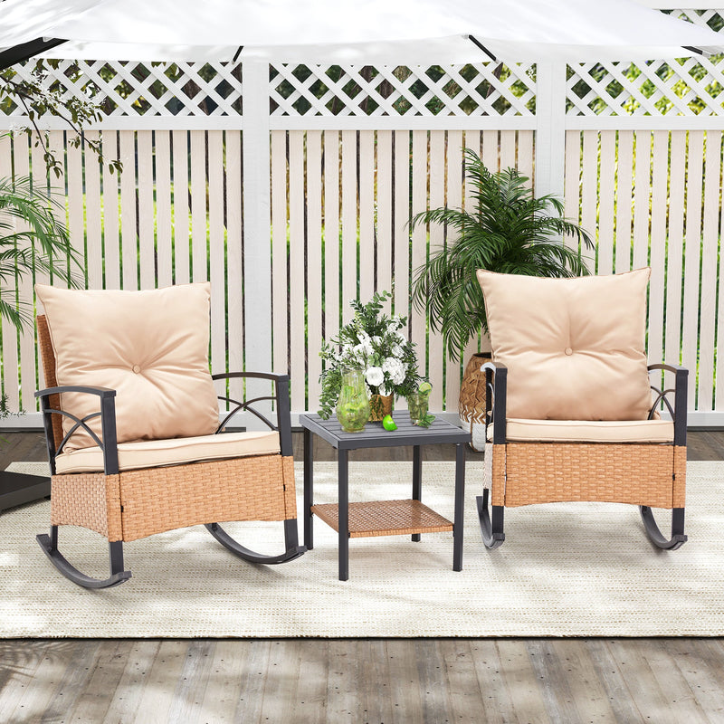 3-Piece Bistro Set: Outdoor Rattan Rocking Chairs with Cushions and Coffee Table