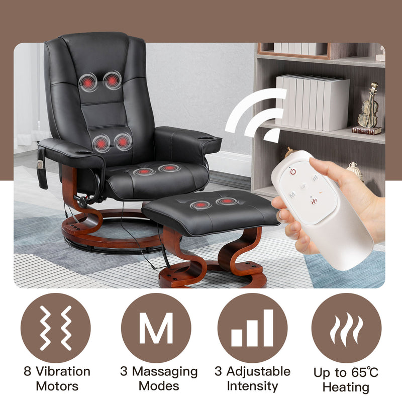 AVAWING Reclining Chair with Vibration Massage Faux Leather Recliner with Ottoman Swivel Wood Recliner Chairs for Living Room, Black