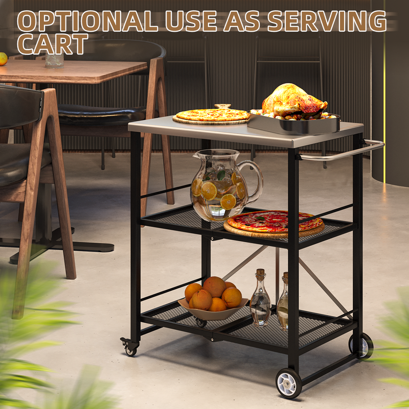 YODOLLA Foldable Outdoor Grill Cart 3 Tiers Stainless Steel Rolling Cart with Wheels Metal Utility Storage Trolley,Black