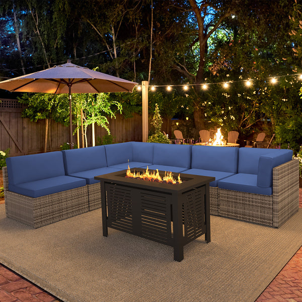 YODOLLA 7-Piece Patio Furniture Set with 43" Fire Pit Table, Rattan Wicker Outdoor Sectional Sofa Couch with Table Patio Conversation Set for Lawn& Backyard In Dark Blue