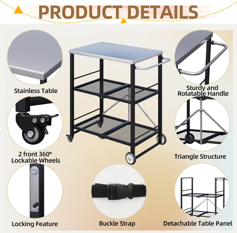 AECOJOY Foldable Outdoor Grill Cart 3 Tiers Stainless Steel Rolling Cart with Wheels Metal Utility Storage Trolley,Black