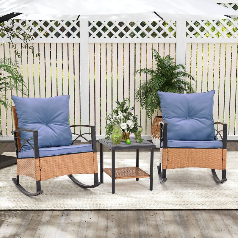 3-Piece Bistro Set: Outdoor Rattan Rocking Chairs with Cushions and Coffee Table