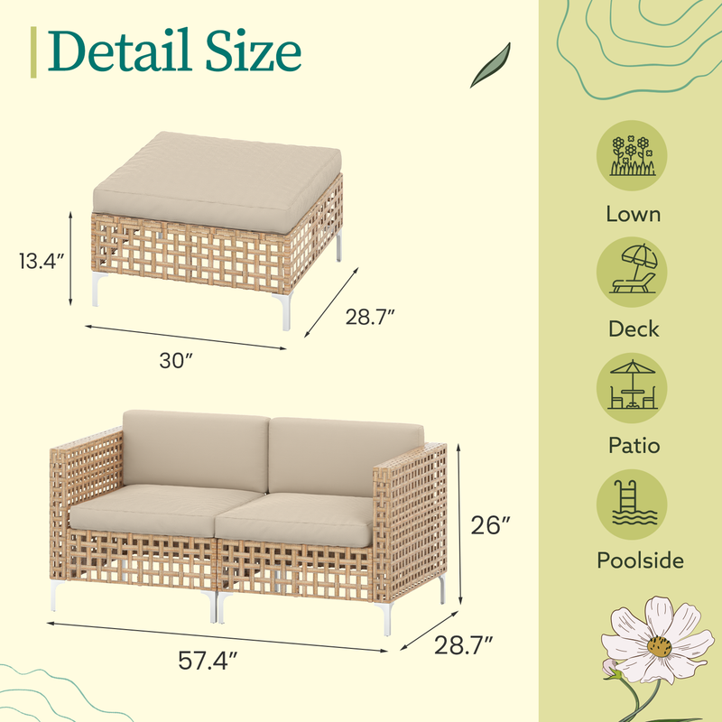 YODOLLA 3-Piece Patio Furniture Set, Boho Style Rattan Wicker Loveseat Sofa Couch with Coffee Table in Beige