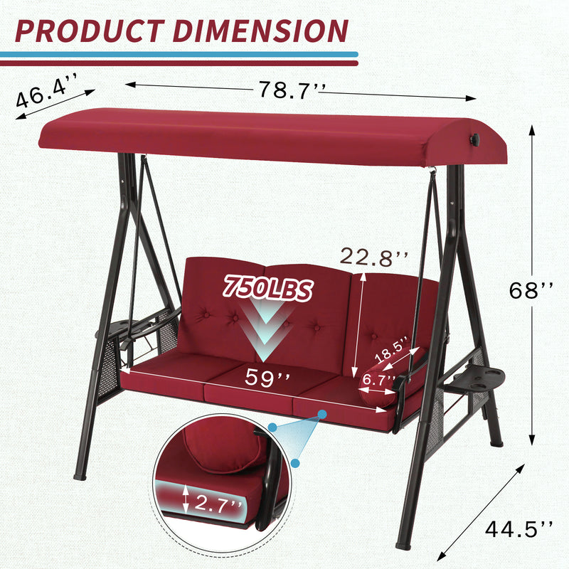 AECOJOY 3 Persons Outdoor Patio Canopy Steel Porch Swing Chair-Red, Porch Swing
