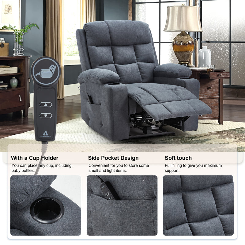 YODOLLA Oversized Nursery Electric Recliner Chair, Power Sofa with USB & Cup Holders, Breathable Leather Fabric, Home Theater Seating in Grey