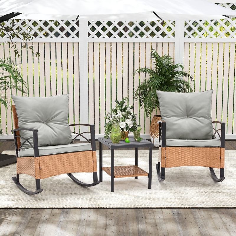 3-Piece Bistro Set: Outdoor Rattan Rocking Chairs with Cushions and Coffee Table