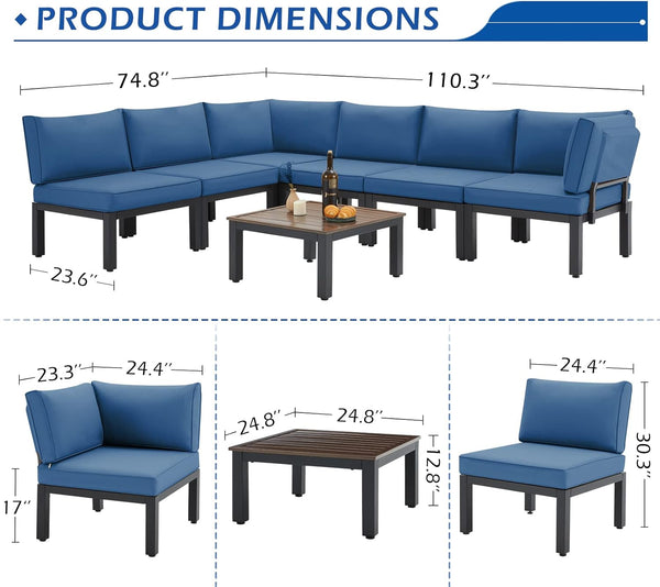 AECOJOY 7 Pieces Metal Outdoor Sectional Sofa with Waterproof Cover,Patio Furniture Sets on Sales Patio Conversation Set with Coffee Table Clearance,Blue