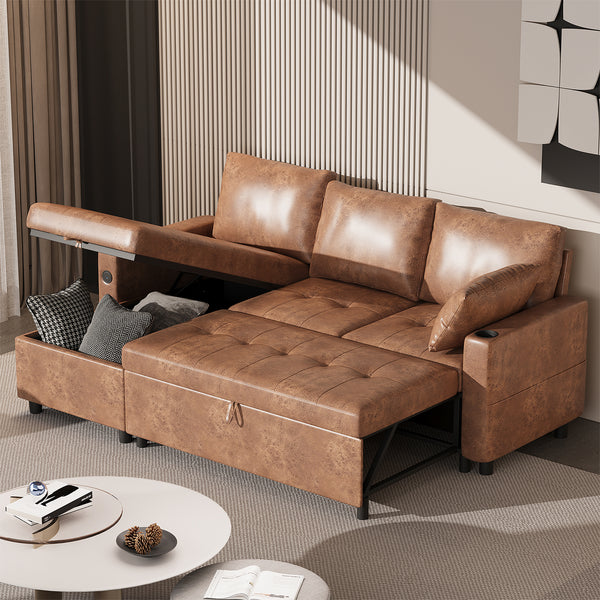 YODOLLA Sofa Bed, 3 in 1 Sleeper Sofa with Storage Chair, Faux Leather L Shape Couch, Sectional Pull Out Sofa Bed Mid Century Modern Couch for Living Room Clearance, Comfy Sleeper Couch in Brown