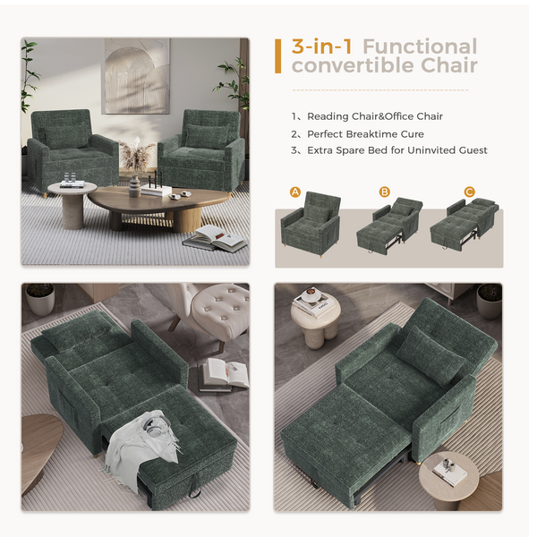 YODOLLA 3-in-1 Sleeper Sofa Bed Chair,Pull Out Couch for Living Room,Lounge Chair Indoor in Green