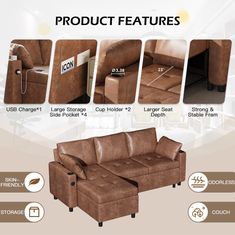 YODOLLA Sofa Bed, 3 in 1 Sleeper Sofa with Storage Chair, Faux Leather L Shape Couch, Sectional Pull Out Sofa Bed Mid Century Modern Couch for Living Room Clearance, Comfy Sleeper Couch in Brown
