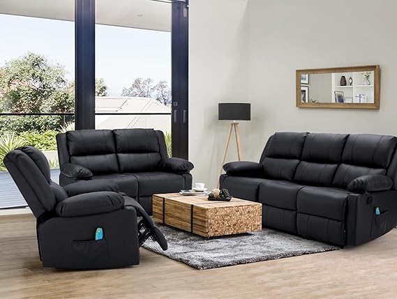 AECOJOY 3 Pieces Recliner Sofa Set with Massage Heated Function, Home Theater Seating Leather Couch Set with Side Pockets, Black