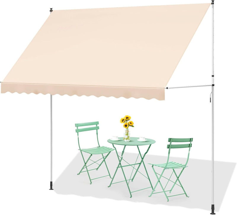 AECOJOY Manual Retractable Awning, 118" Non-Screw Outdoor Patio Awning, Adjustable Pergola Sun Shade Cover with UV Protection, Ideal Outdoor Canopy for Window or Door, Beige