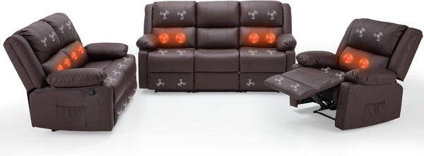 AECOJOY 3 Pieces Recliner Sofa Set with Massage Heated Function, Home Theater Seating Leather Couch Set with Side Pockets, Brown