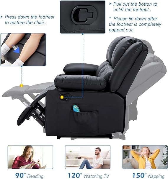 AECOJOY 3 Pieces Recliner Sofa Set with Massage Heated Function, Home Theater Seating Leather Couch Set with Side Pockets, Black