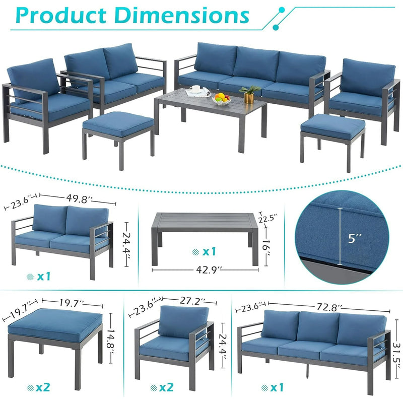 AECOJOY Aluminum Patio Furniture Sets with Waterproof Cover, Aluminum Outdoor Furniture Sets Metal Patio Sets for Balcony,Blue