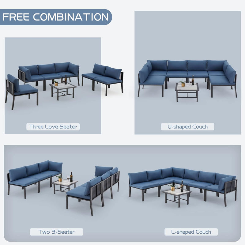 AECOJOY 7-Piece Metal Mesh Outdoor Furniture Set with Cushions and Waterproof Cover, Wooden Table, Ideal for Garden, Backyard, Balcony, & Lawn (Blue)