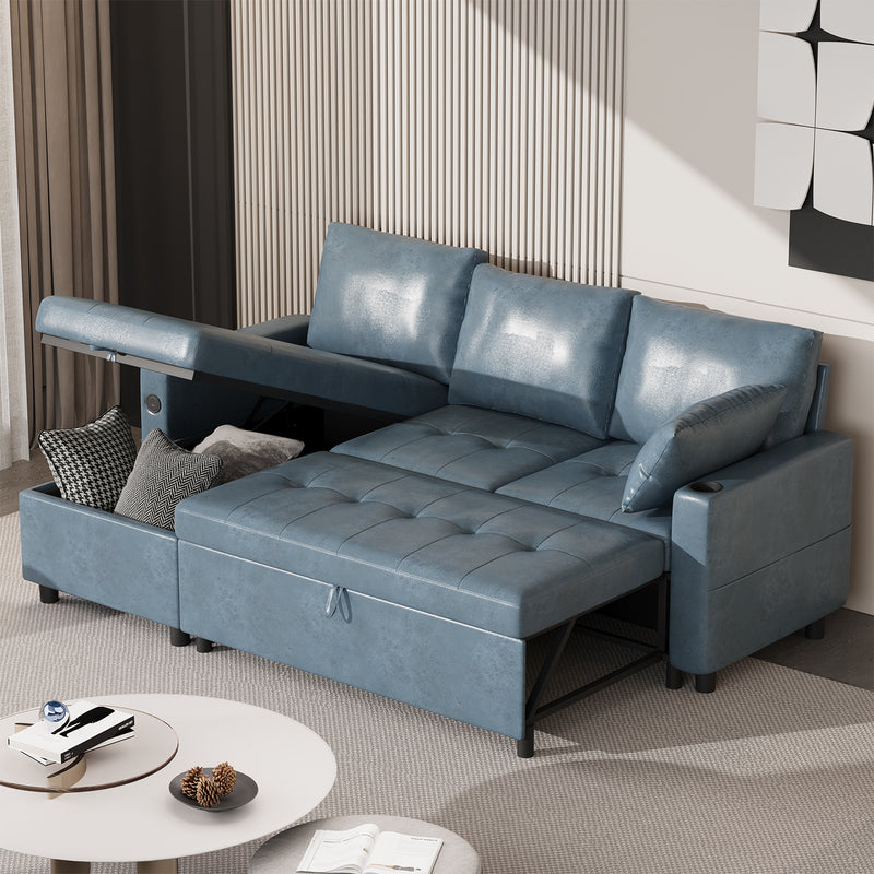 YODOLLA Sofa Bed, 3 in 1 Sleeper Sofa with Storage Chair, Faux Leather L Shape Couch, Sectional Pull Out Sofa Bed Mid Century Modern Couch for Living Room Clearance, Comfy Sleeper Couch in Blue