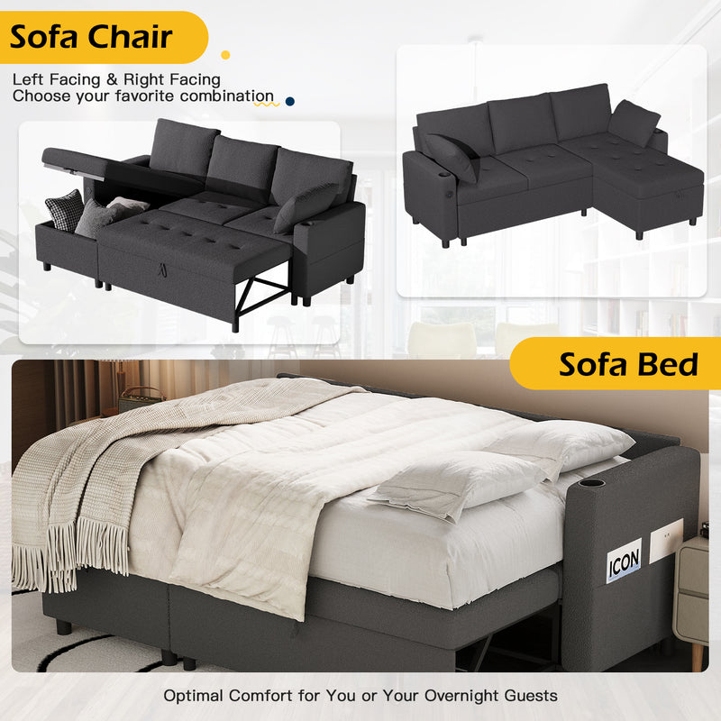 YODOLLA Teddy Velvet L Shaped Sofa, L Shape Couch, Pull Out Bed with USB and Cup Holder, Storage Sofa Cama, Queen Sofa Bed, Sleeper Sofa Couch for Living Room, Sofa Bed Couch in Black
