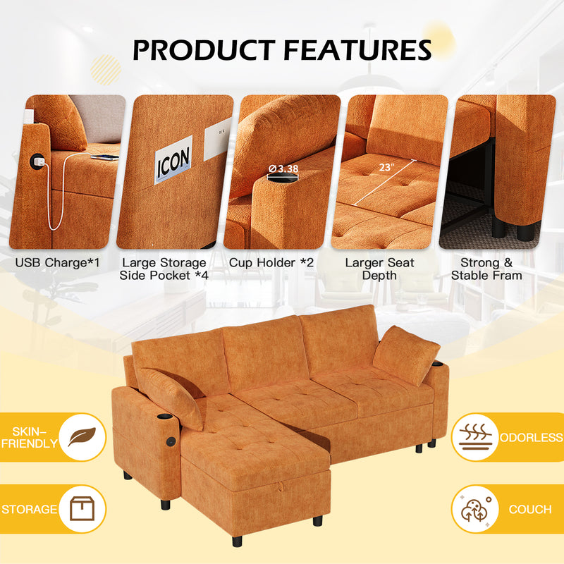 YODOLLA Sofa Bed, 3 in 1 Sleeper Sofa with Storage Chair, Faux Leather L Shape Couch, Sectional Pull Out Sofa Bed Mid Century Modern Couch for Living Room Clearance, Comfy Sleeper Couch in Orange