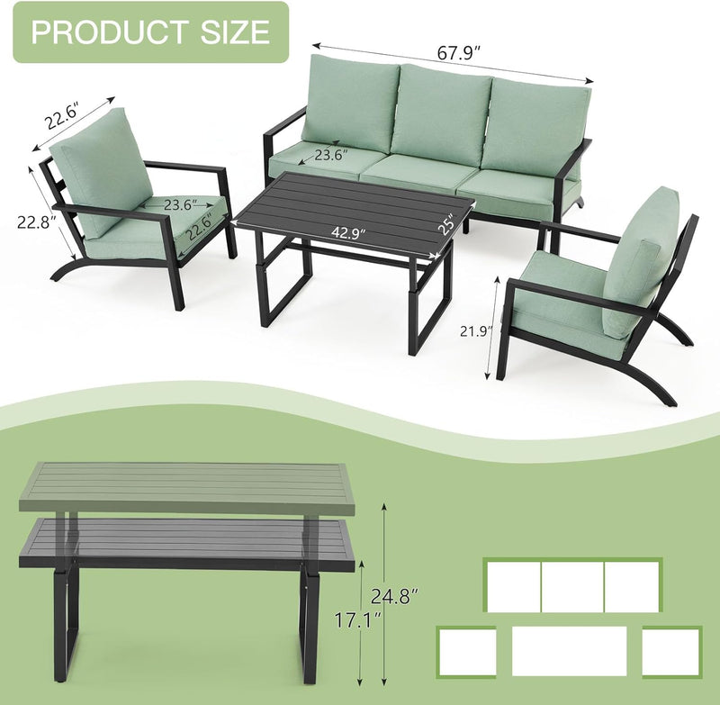 AECOJOY Aluminum Patio Furniture Set with Waterproof Cover Modern Metal Outdoor Patio Furniture Clearance, Adirondack Patio Conversation Sets for Lawn, Backyard, and Deck Green with Green Cushions