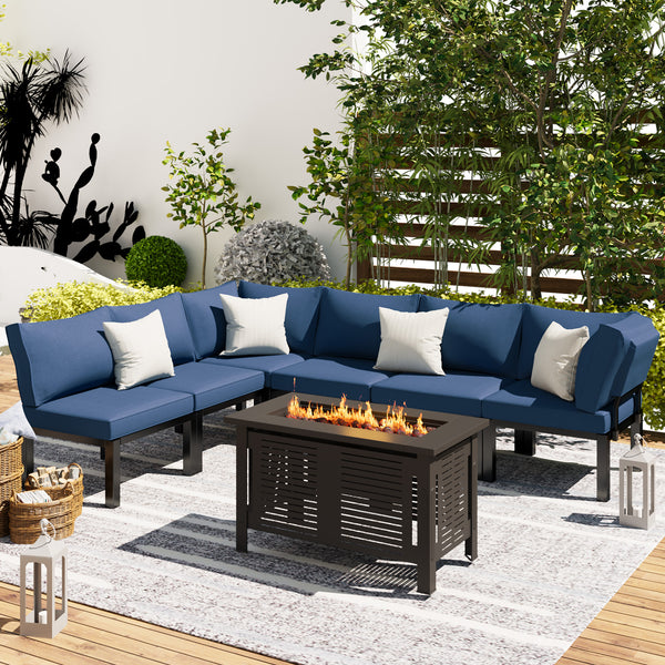 YODOLLA 7 Pieces Outdoor Patio furniture Set Clearance Metal Patio Sectional Sofa Set on sale with Navy Blue Cushions and 43" Fire Pit Table