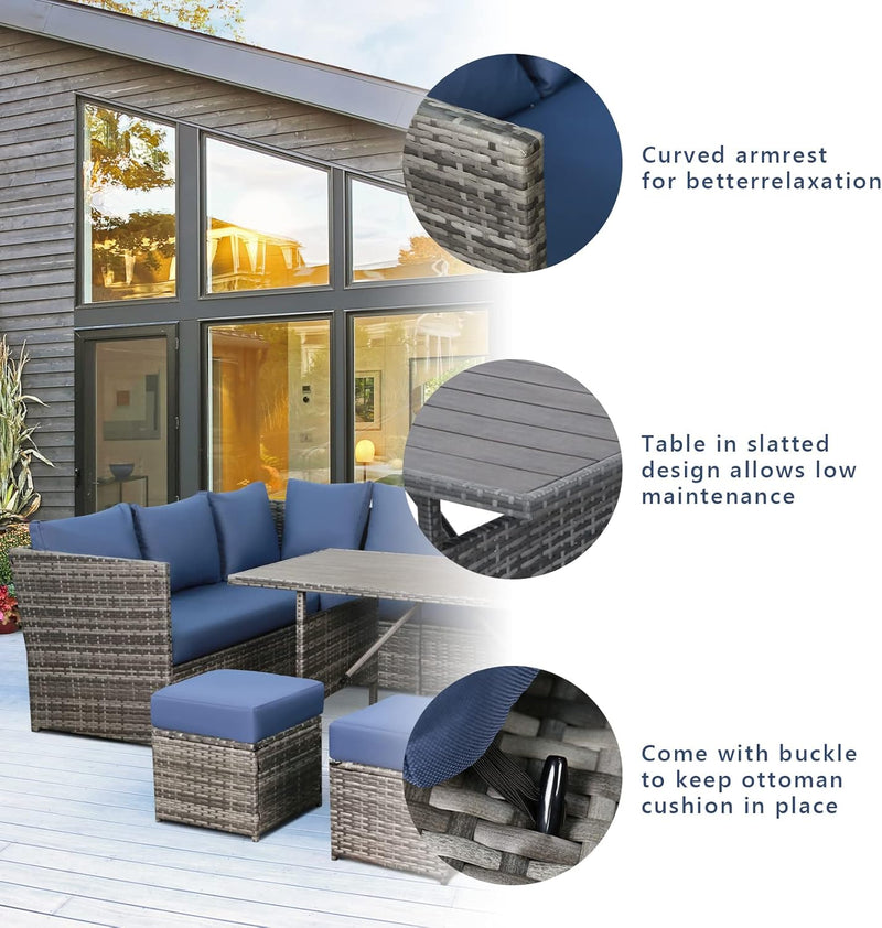 AECOJOY 7 Piece Patio Conversation Set, Outdoor Sectional Sofa Rattan Wicker Dining Furniture in Dark Blue