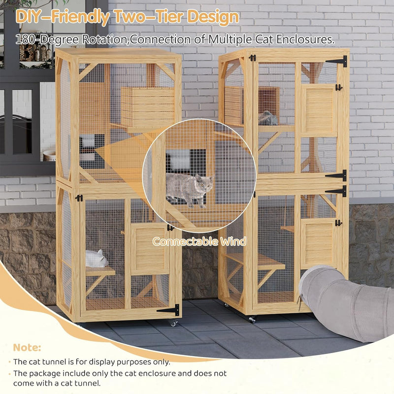 YODOLLA Catio Enclosure for Cats,Wooden Outdoor Cat House with Hammock in Natural Color