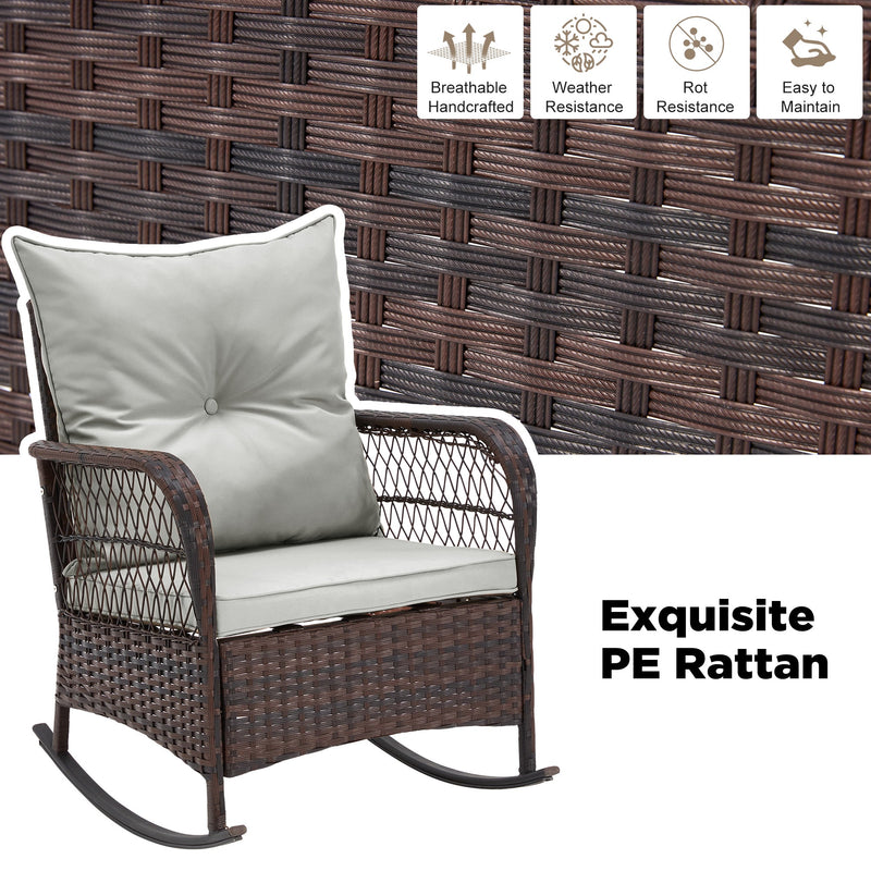 3-Piece Rattan Rocking Bistro Set with Glass Coffee Table for Porch & Garden