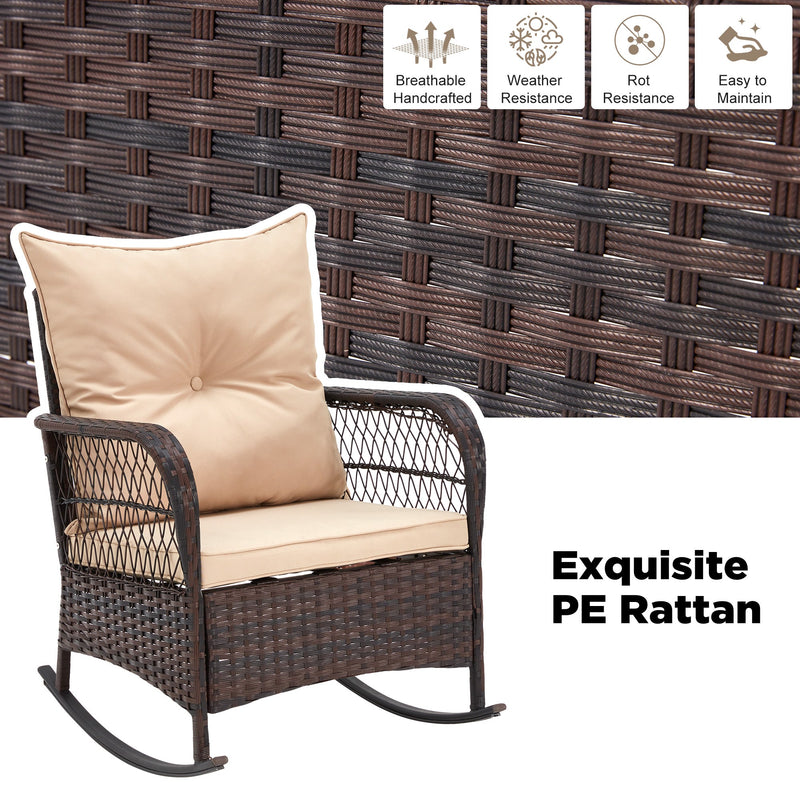 3 pcs Rocking Bistro Set, Outdoor PE Rattan Rocking Chairs with Tempered Glass Coffee Table