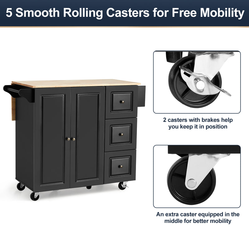 AVAWING Rolling Kitchen Island Cart with Storage,Wood Tabletop Kitchen Cart w/ 2 Wheels, Trolley Cart Utility Cabinet, Towel Rack, Spice Rack, Black