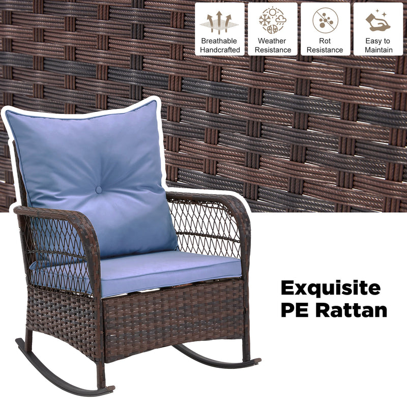 3-Piece Rattan Rocking Bistro Set with Glass Coffee Table for Porch & Garden