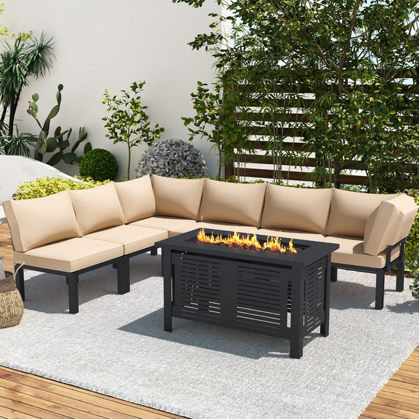 YODOLLA 7 Pieces Outdoor Metal Furniture Sets Patio Conversation Set with Coffee Table and 43" Fire Pit Table, Beige