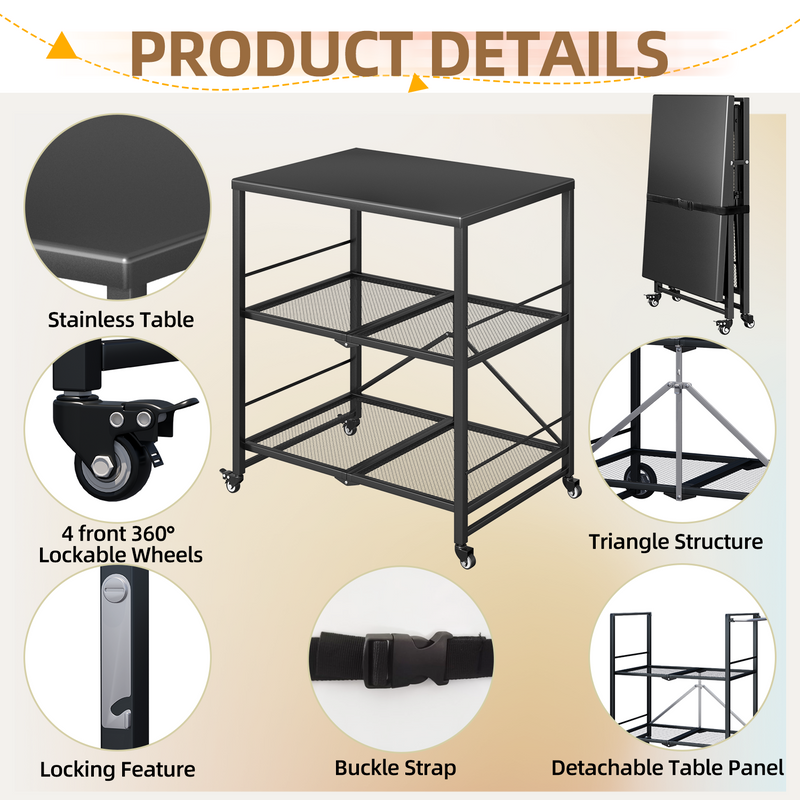 AECOJOY Foldable Outdoor Grill Cart Rolling Dining Table with Three-Shelf,Garden Patio BBQ Kitchen Food Prep Cart,Black