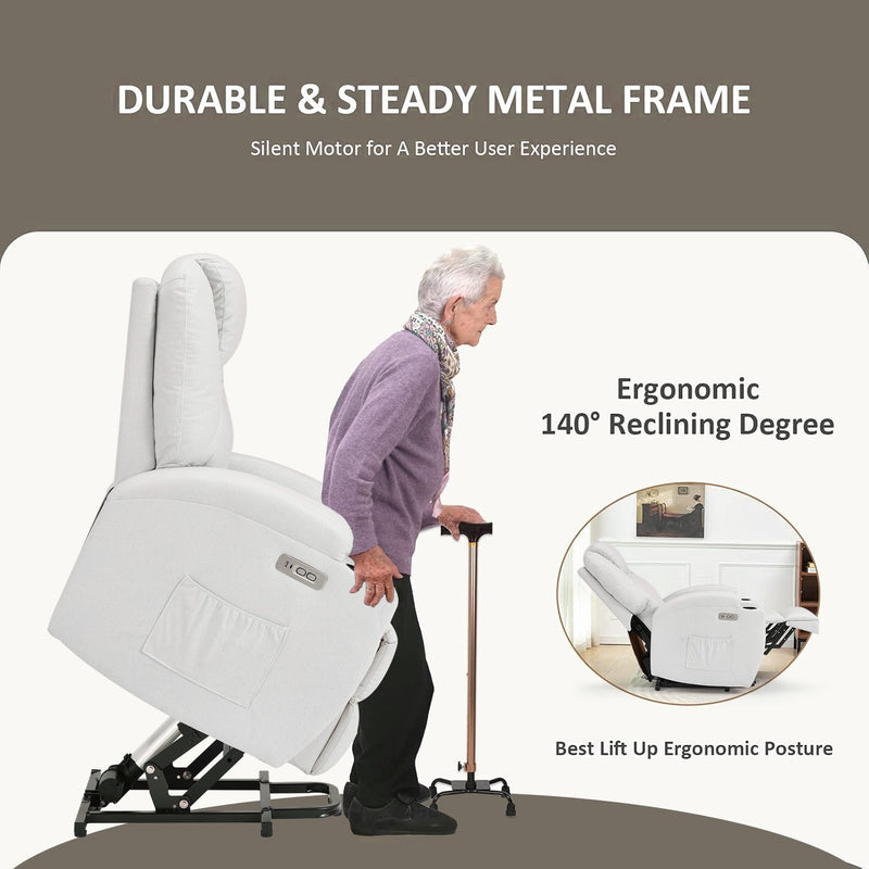 YODOLLA Danrelax Power Lift Chair Recliner Sofa for Elderly, Heavy Duty & Safety Motion Reclining Mechanism, 2 Side Pockets and Cup Holders, USB Ports,White